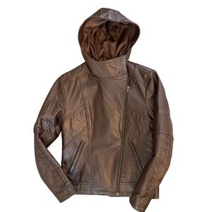 Route 21 Racing Leather Jacket Brown Small Moto Slim Hooded Asymmetric Steampunk